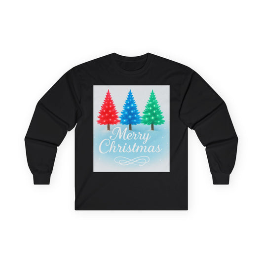 Cozy “Merry Christmas” Holiday Sweatshirt – Festive Red, Blue & Green Tree Design