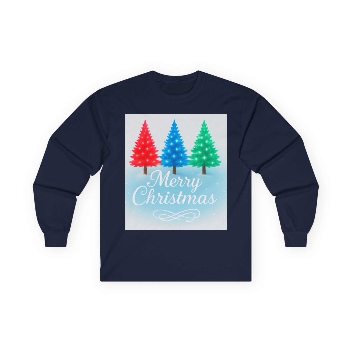 Cozy “Merry Christmas” Holiday Sweatshirt – Festive Red, Blue & Green Tree Design
