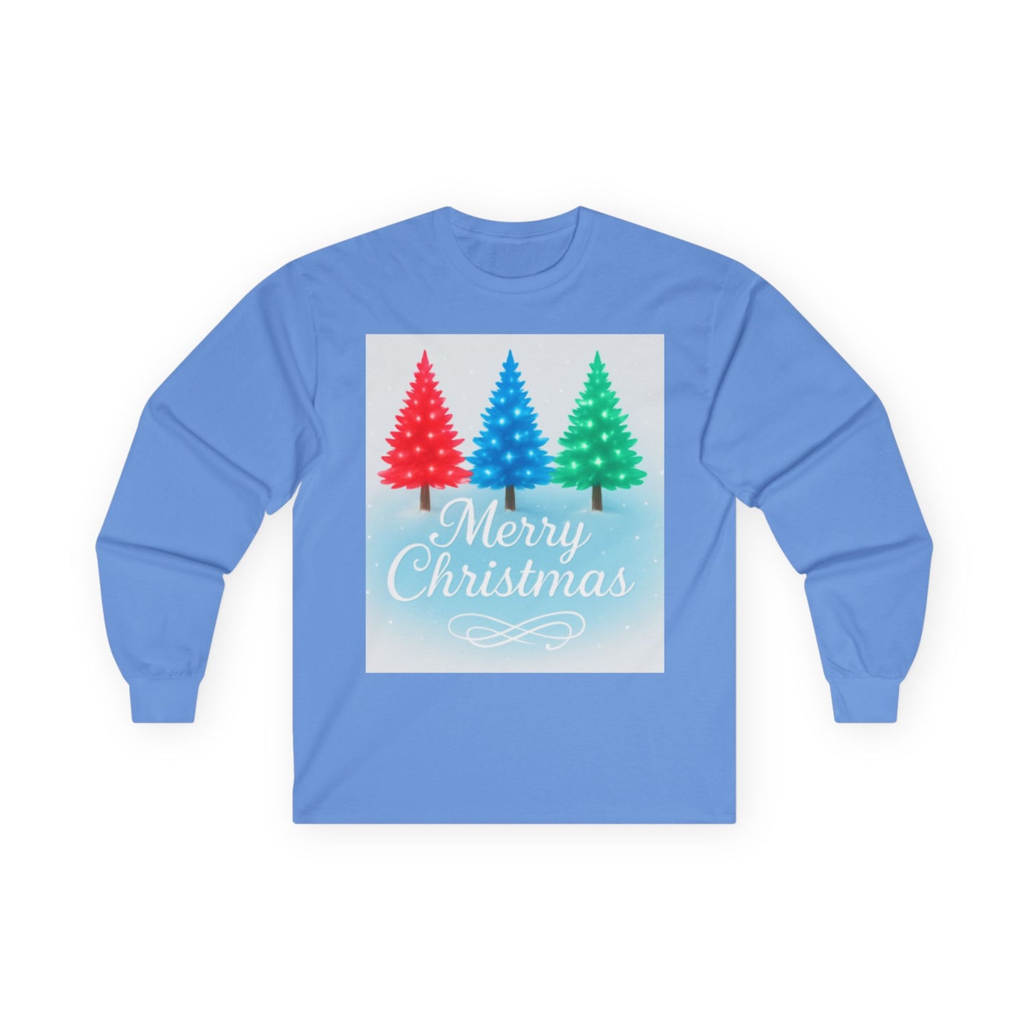 Cozy “Merry Christmas” Holiday Sweatshirt – Festive Red, Blue & Green Tree Design