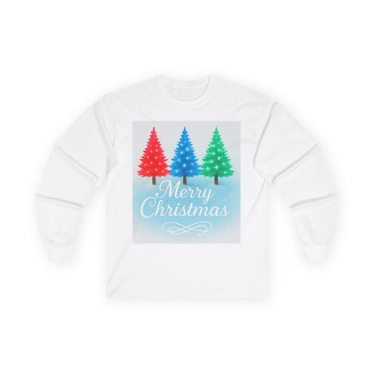 Cozy “Merry Christmas” Holiday Sweatshirt – Festive Red, Blue & Green Tree Design