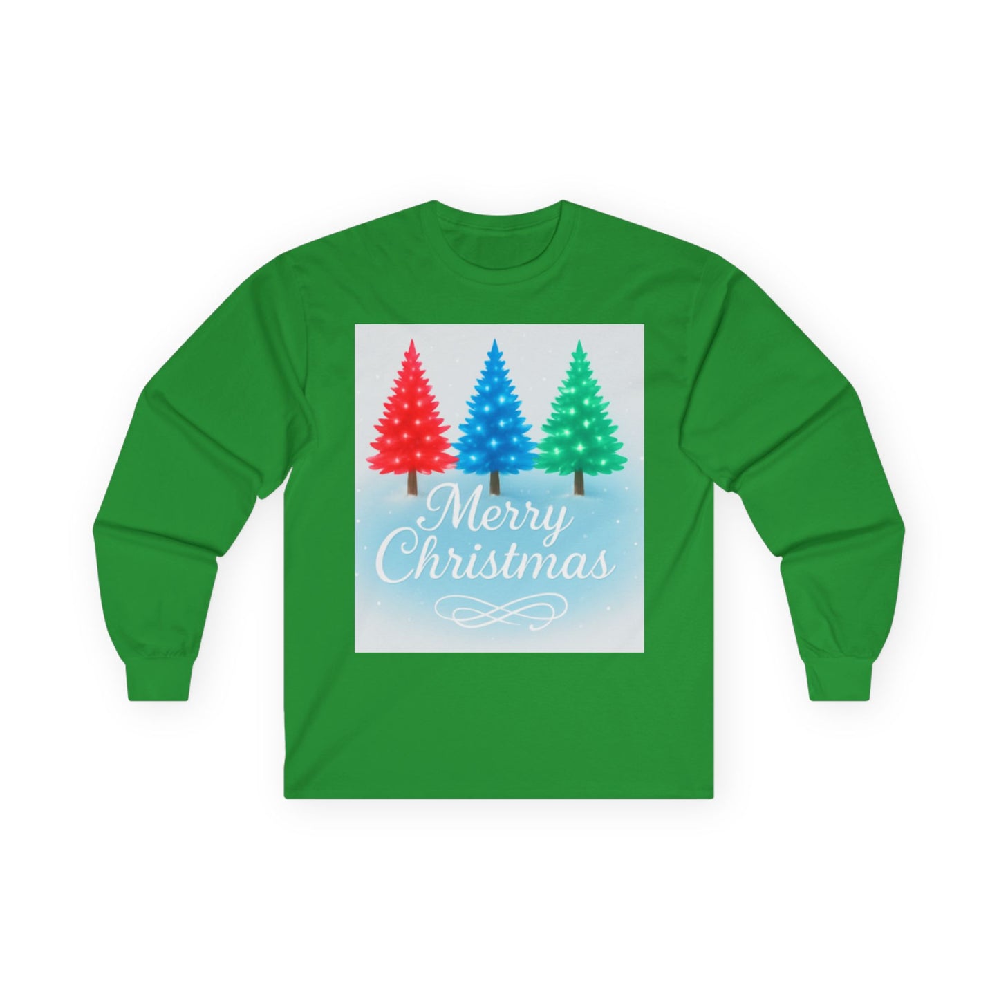 Cozy “Merry Christmas” Holiday Sweatshirt – Festive Red, Blue & Green Tree Design