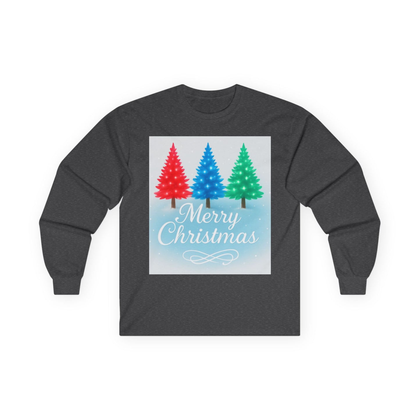 Cozy “Merry Christmas” Holiday Sweatshirt – Festive Red, Blue & Green Tree Design