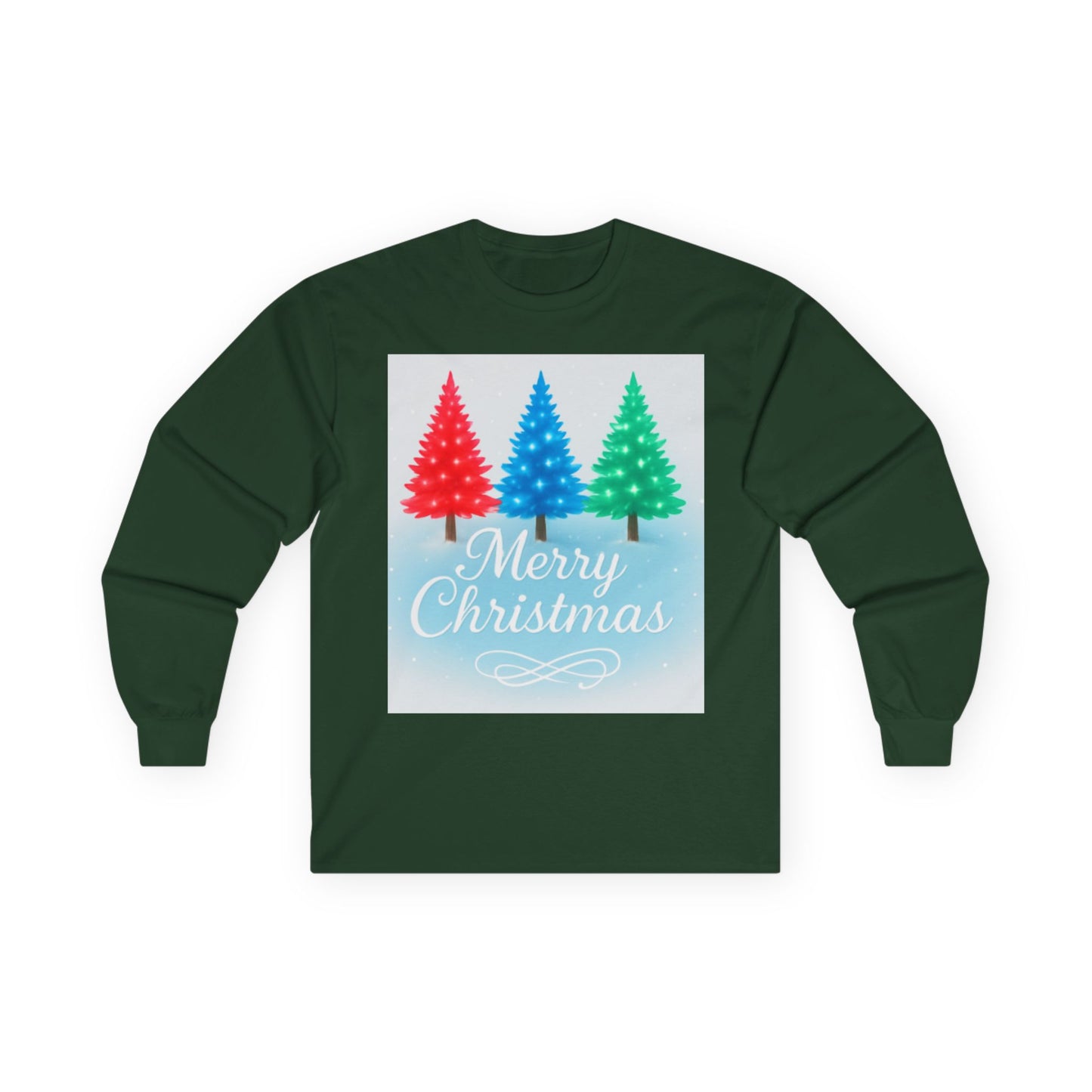 Cozy “Merry Christmas” Holiday Sweatshirt – Festive Red, Blue & Green Tree Design