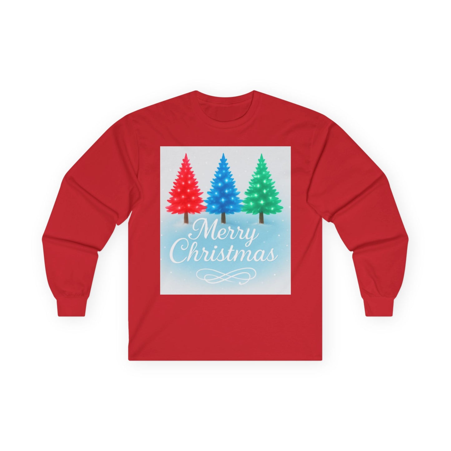 Cozy “Merry Christmas” Holiday Sweatshirt – Festive Red, Blue & Green Tree Design