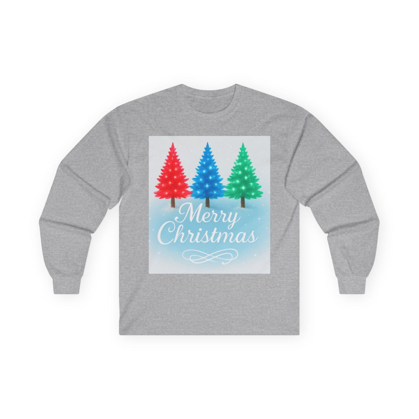 Cozy “Merry Christmas” Holiday Sweatshirt – Festive Red, Blue & Green Tree Design